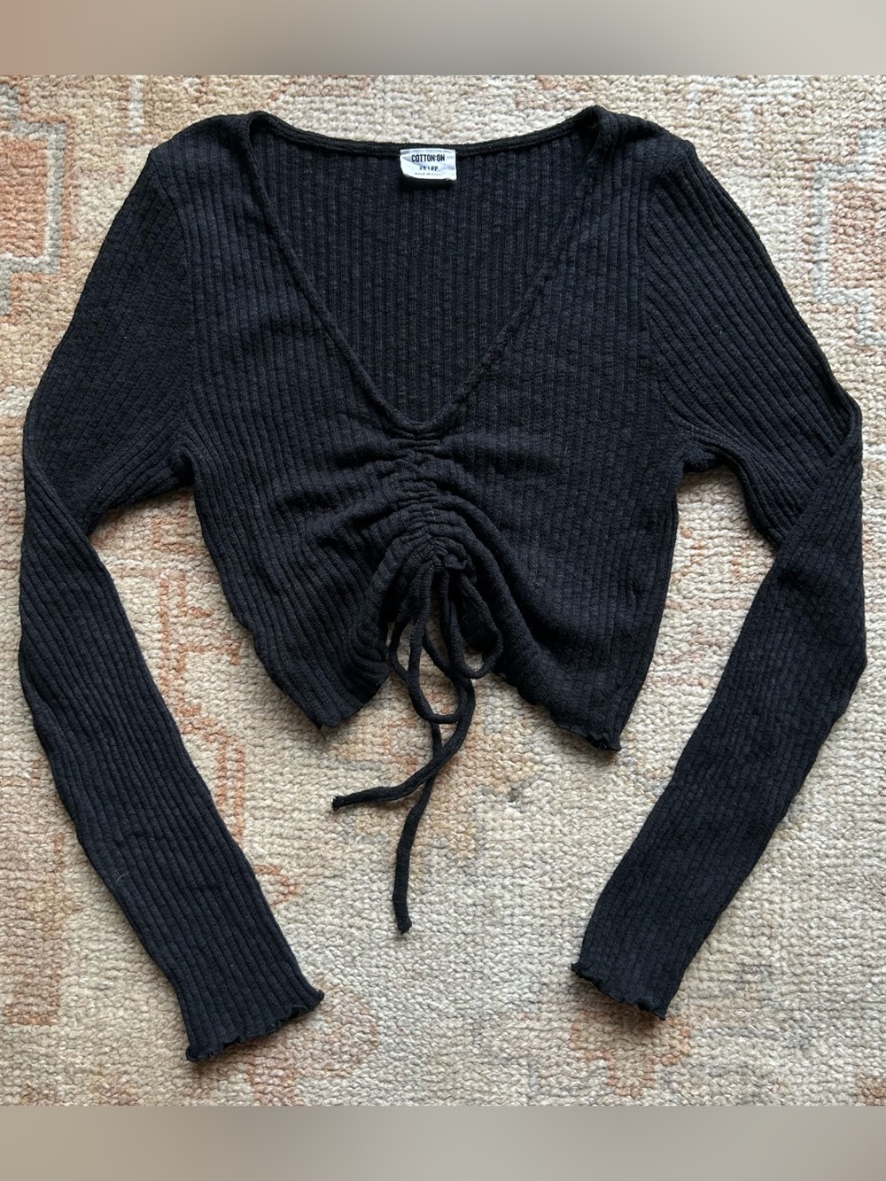 minimalist black long sleeve ribbed basic crop top with tie detail goth base